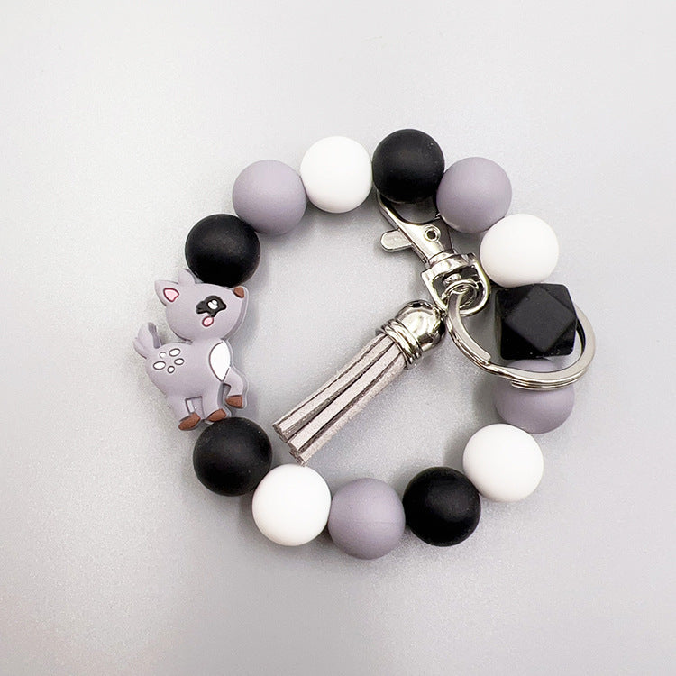 Wholesale Cartoon Small Animal Yak Silicone Beaded Bracelet Short Tassel Keychain